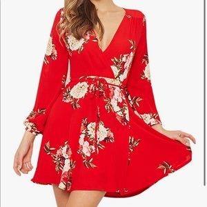 Floral Print Red Wrap Mini Dress
